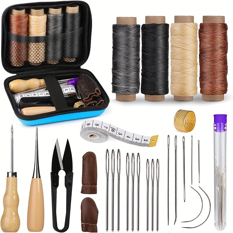 Bone Folder Tool - ชุดอุปกรณ์เย็บหนัง, ชุดซ่อมหนังพร้อมเข็มตาใหญ่และด้ายเคลือบแว็กซ์, เครื่องมือทำงานหนังสำหรับงานหุ้มเบาะ, งานฝีมือ DIY